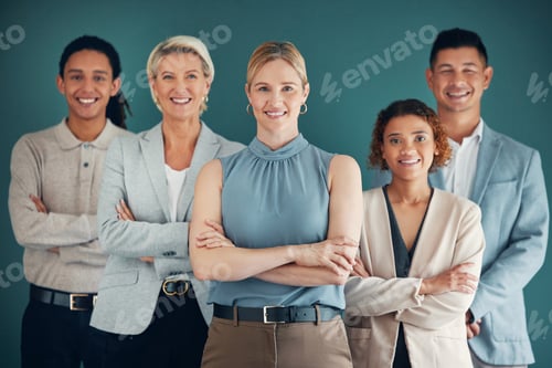 Preview: Business people, team and corporate group in portrait, collaboration and happiness, lawyers on stud