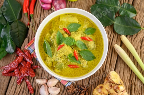 Preview: Green curry in a bowl with lime, red onion, lemon grass, garlic and kaffir lime leaves