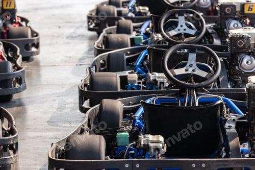 Preview: Race go kart car in row on the pit lane, Racing kart wait for race, Go kart.