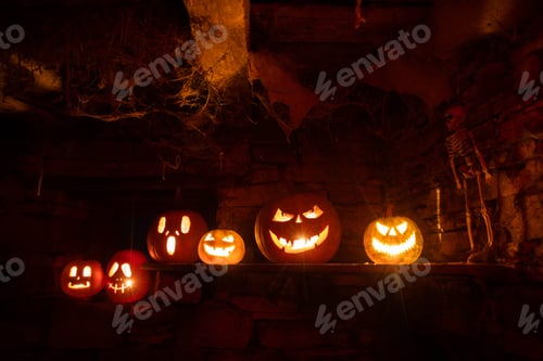 Preview: scary Halloween background with Jack'o'lanterns and skeleton