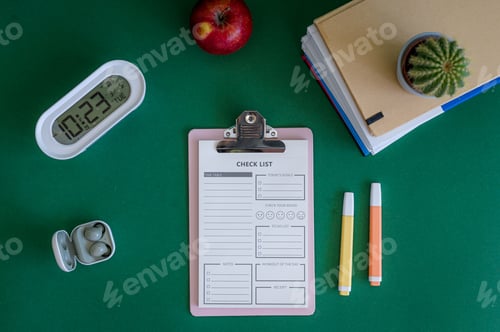 Preview: Colorful school supplies on a green background