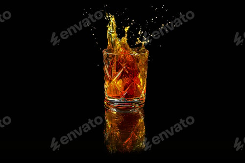 Preview: Closeup of whiskey splash in the whiskey glass on black background