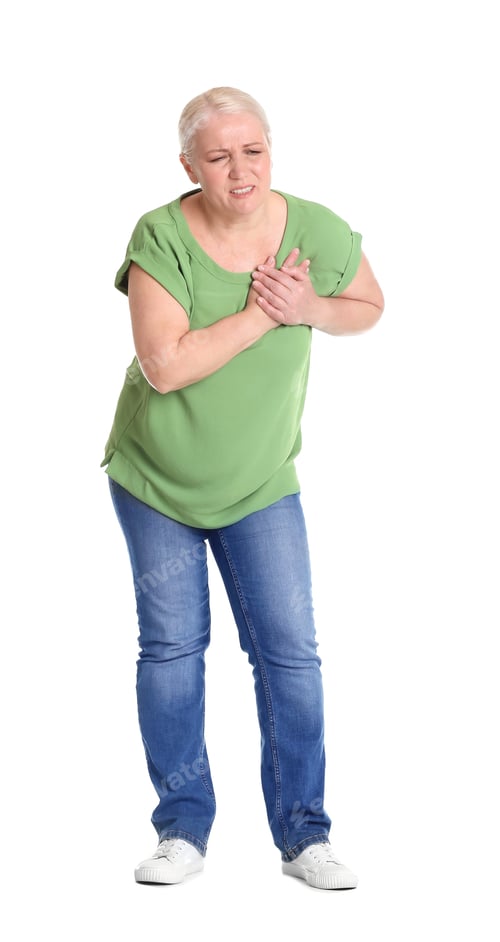 Preview: Mature woman having heart attack on white background