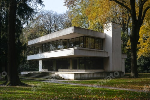 Preview: Modernist architecture building in a parkwith autumn trees and clear sky