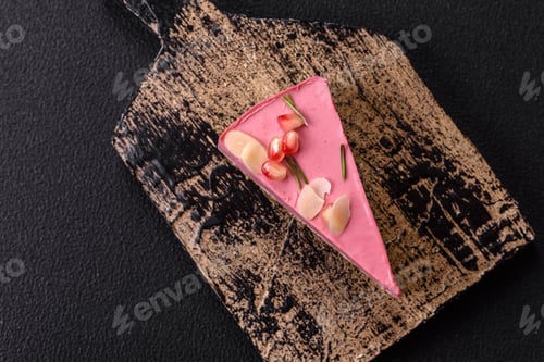 Preview: Piece of sweet cheesecake with pink cream cheese of raspberry or strawberry flavor