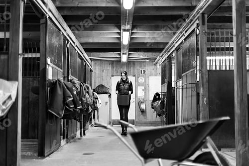 Preview: A solitary figure stands in a peaceful stable corridor.