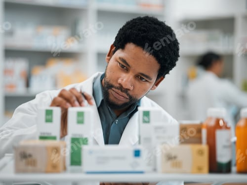 Preview: Black man, pharmacist and check stock, pills and health, prescription medicine and supplements in p