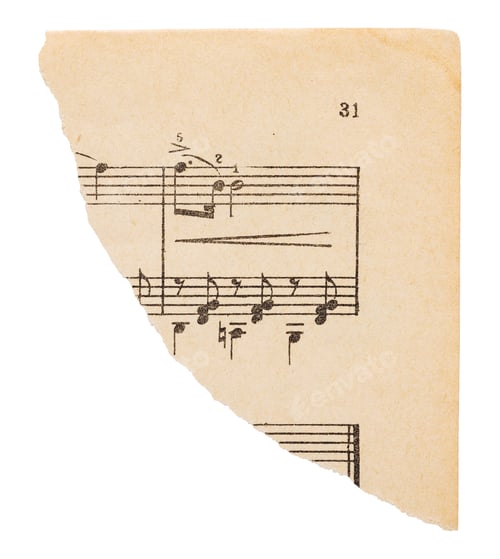 Preview: Torn corner of music sheet, old vintage yellowed paper with notes isolated for design