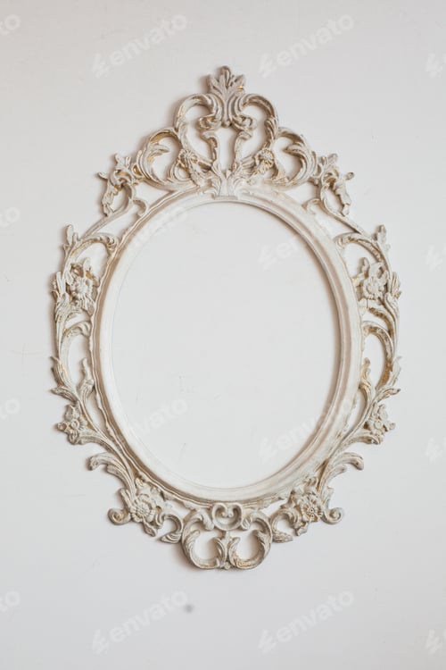 Preview: White stylish baroque frame with copy space isolated on white wall