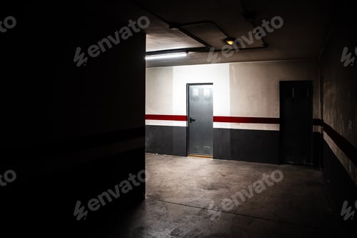 Preview: A mysterious metal door in the dark interior of a lighted garage.
