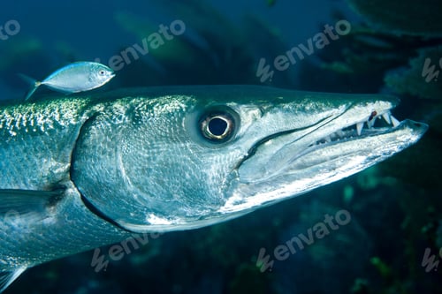 Preview: A closeup of a barracuda with a small companion fish swimming in the ocean depths.