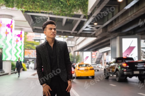 Preview: Portrait of handsome young businessman waiting taxi