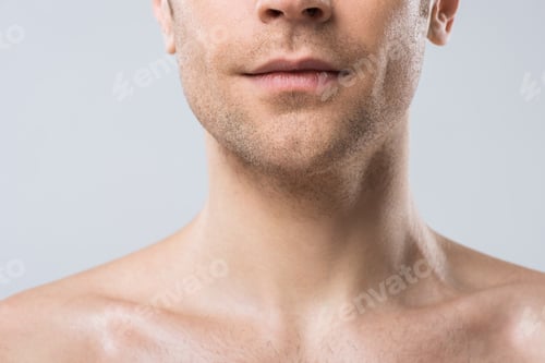 Preview: cropped view of young man isolated on grey