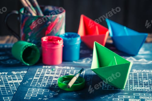 Preview: Homemade battleship paper game with red and blue ships