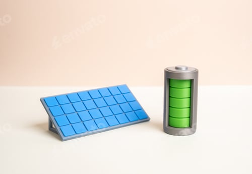 Preview: A solar panel charges a battery in an autonomous power system. Renewable energy generation