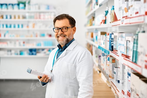 Preview: Happy male pharmacist working in drugstore and looking at camera.