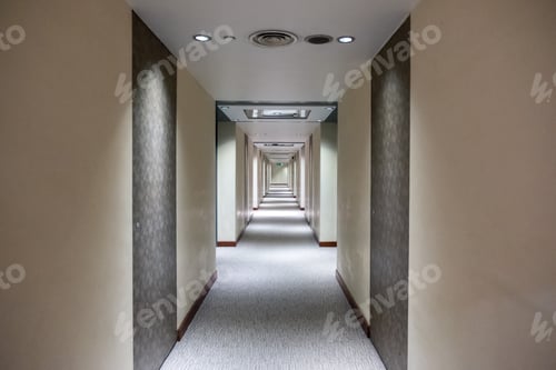 Preview: Empty corridor with closed rows door with lighting decoration