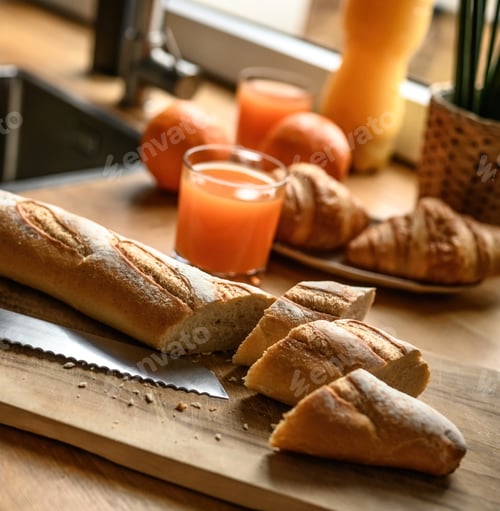 Preview: Fresh baguette on a cutting board at the kitchen