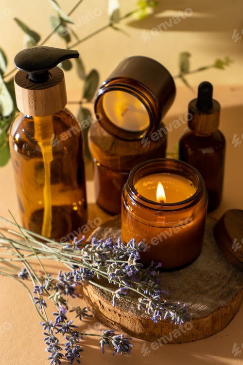 Preview: Soy candles in a glass jar. Aromatherapy. Burning candle and lavender.