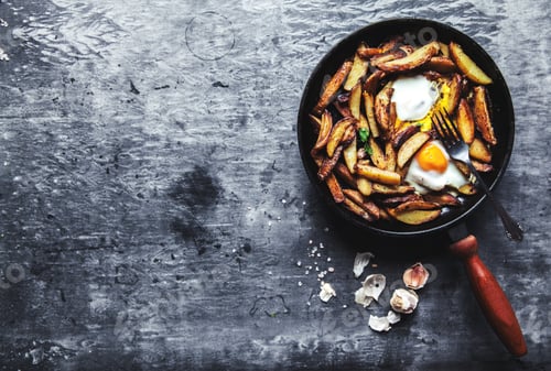 Preview: Fried potatoes and eggs in a pan close-up. horizontal