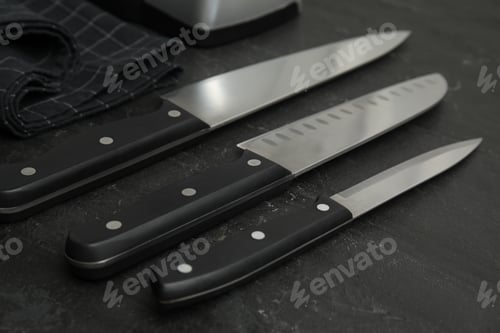 Preview: Set of sharp knives on black table, closeup