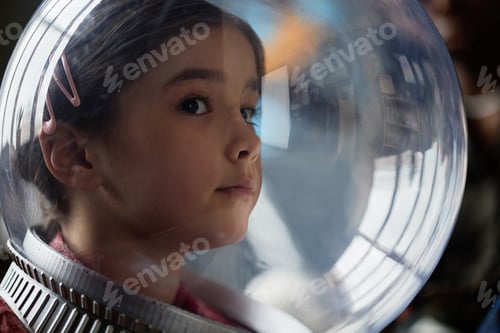 Preview: Portrait of Caucasian Girl Wearing Astronaut Helmet Looking at Camera