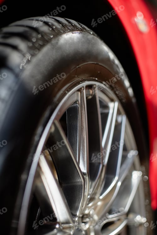 Preview: Close up of Shiny Car Wheel Reflecting Sunlight Outdoors in Daytime