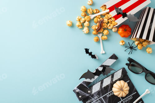 Preview: Fright Night Film Setup: From top view, Halloween cinema display. Bone-decorated popcorn boxes