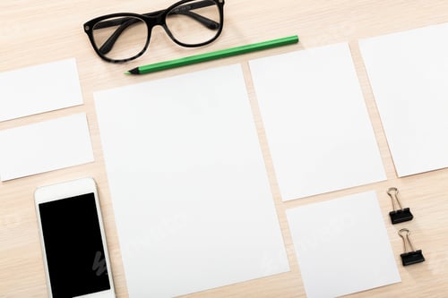 Preview: Blank workspace layout with stationery and smartphone on wooden desk for creative planning and