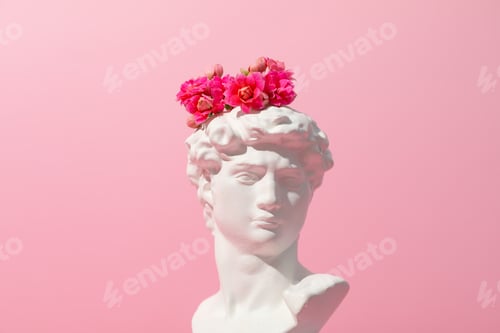 Preview: Ancient head with flowers on pink background