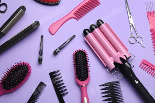Preview: Flat lay composition of different professional hairdresser tools on lilac background
