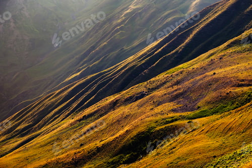 Preview: Colorful landscape detail of curvy meadows and hills in Svaneti, Georgia