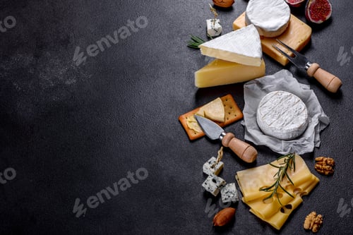 Preview: Beautiful delicious camembert cheese, parmesan, brie with grapes and figs