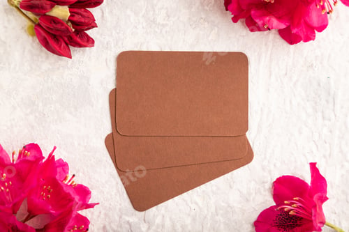 Preview: Brown business card with purple azalea flowers on gray concrete background. top view, copy space.