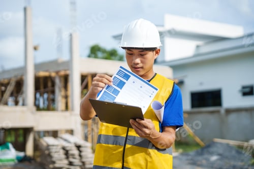 Preview: An architect, wearing a hardhat and safety vest, checks a laptop and house plan paper clipboard