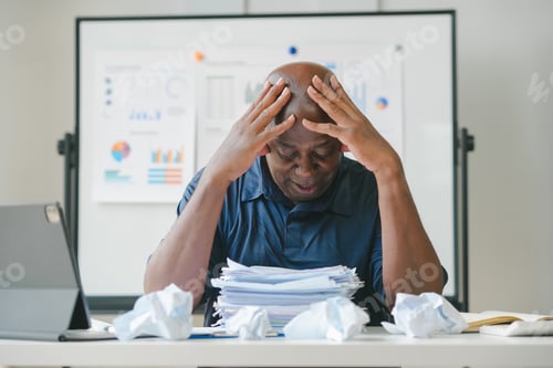 Preview: Stressed businessman overwhelmed with paperwork, sitting at desk in office