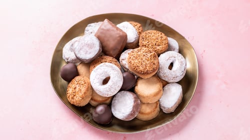 Preview: Holiday delicacies polvorones and mantecados in golden plate on pink table overhead