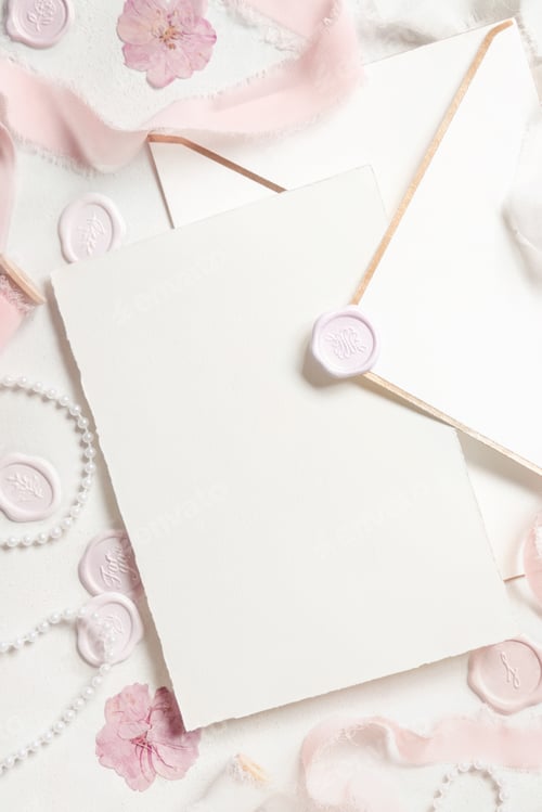 Preview: Card and envelope near pink decor, seals and silk ribbons on white table top view, wedding mockup