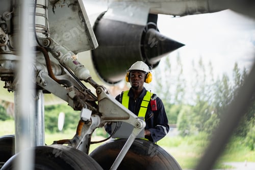 Preview: Engineer inspecting airplane engine with safety tools.