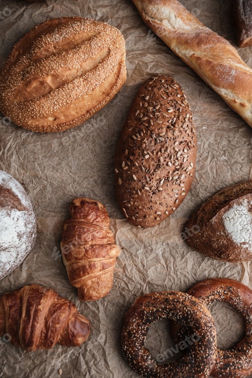 Preview: Pastries and bread with flour on table