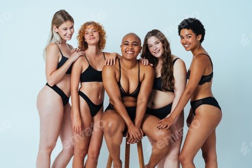 Preview: Multiethnic group of women wearing underwear with diverse kind of bodies