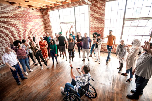 Preview: Cheerful diverse people in a workshop