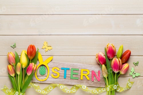Preview: A colorful spring greetings card with tulips for Easter, Mother's Day.