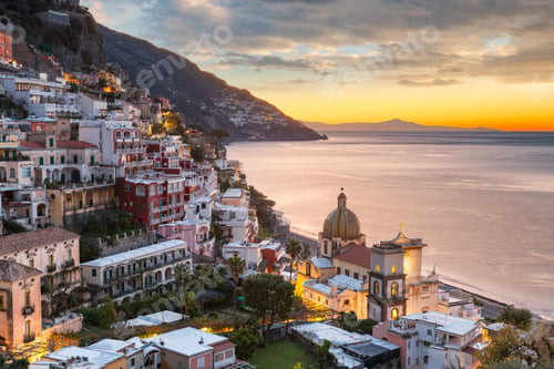 Preview: Positano, Italy along the Amalfi Coast at dusk.