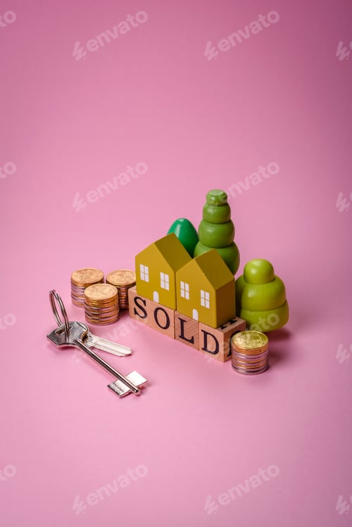 Preview: A small wooden house and the inscription sold. Concept for sale, rental of real estate for a family