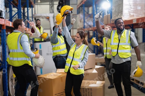 Preview: Diversity group of labor union in warehouse celebrate success after won protest salary increment