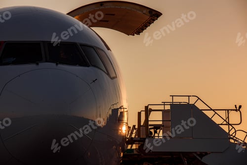 Preview: Jet aircraft at sunset with open cargo door and ground stairs in view