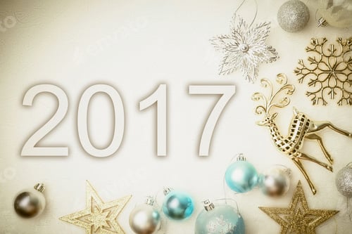 Preview: 2017 And Christmas Decorations On Mulberry Paper Texture For New Year Background