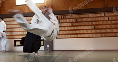 Preview: Aikido fight with sensei, wooden sword and student training for fitness, culture and action in dojo