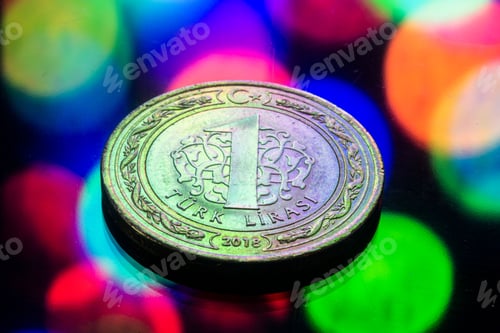 Preview: Closeup of 1 Turkish Lira coin on a bokeh background